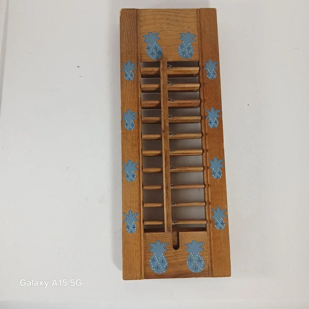 Artist Painted Wood Window Shutter Blind Vtg USA Wall Mount Panel Pineapple Blue